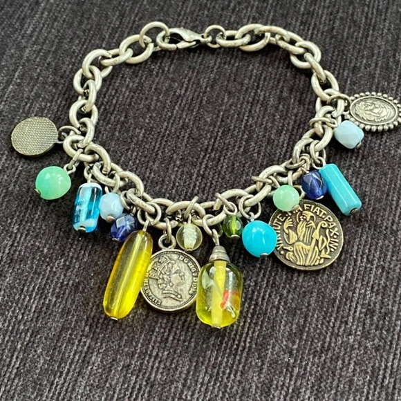 Charm Bracelet with British Empire  Coins and Art Glass Murano Beads - Picture 1 of 10
